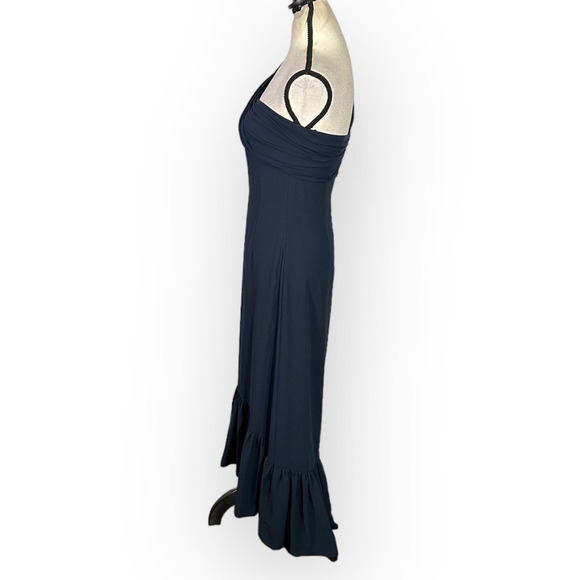 rokh One Shoulder Knot Dress Women's 38 Navy Blue Crepe Midi Ruffle RTR - Picture 4 of 11